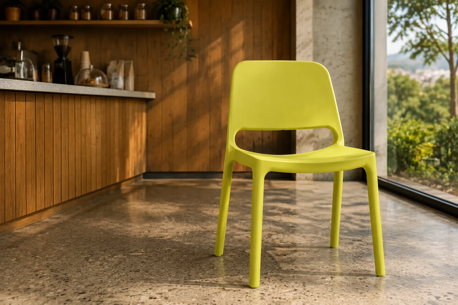 Silla Nuke JEP en un café contemporáneo con vista a Cali