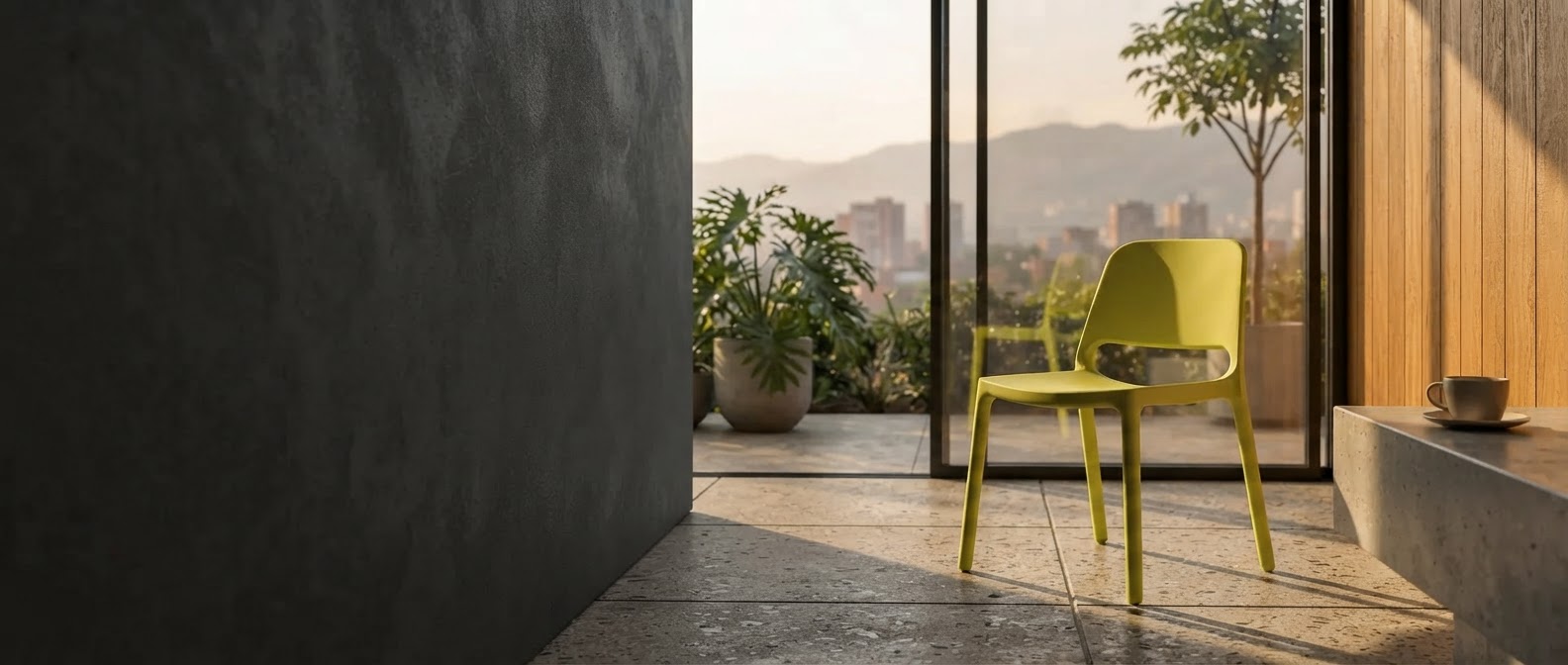 Silla Nuke de JEP en un espacio social contemporáneo con luz cálida